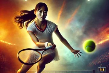 A powerful and captivating image featuring Qinwen Zheng, a young Chinese tennis player, on the court. She is in motion, striking a tennis ball with in