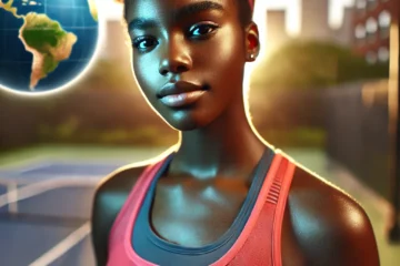 A vibrant image capturing tennis player Coco Gauff standing confidently in an outdoor setting, with a focused, determined look. She’s dressed in athle